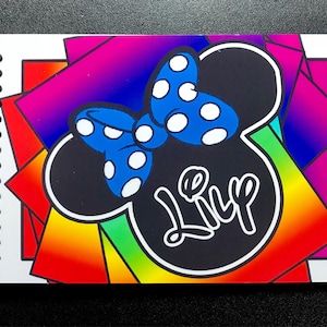 Disney Autograph Book - Rainbow Minnie Mouse with Bow - Your choice of background Color - Free Personalization 4&quot;x6&quot; size!