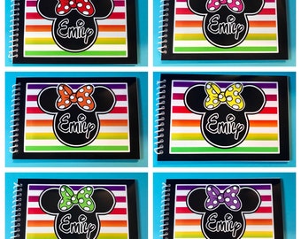 Disney Autograph Book - 4"x6" Rainbow Stripe Minnie Mouse with Bow or Mickey - Your choice  - Free Personalization