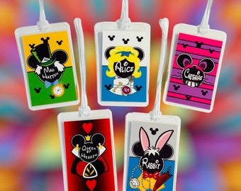 Disney Personalized Luggage Tag Alice in Wonderland Inspired Mickey Mouse - Alice, Cheshire Cat, Rabbit, Mad Hatter, Queen of Hearts