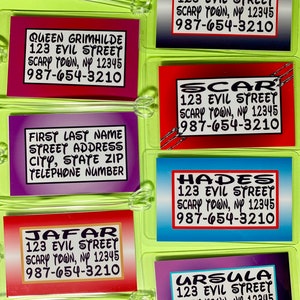 May include: Six colorful luggage tags with the names of Disney villains: Cruella DeVille, Scar, Hades, Jafar, Ursula, and Queen Grimhilde. Each tag has the villain's name, the address "123 Evil Street, Scary Town, NY 12345", and a phone number: 987-654-3210.