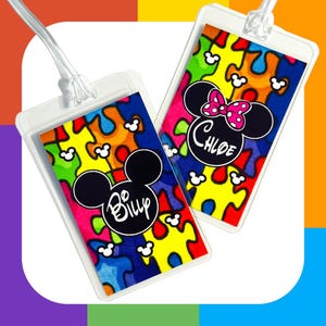 Autism Awareness tags - Personalized Luggage Tags - MICKEY or MINNIE - Laminated 10mil - neurodivergent - YOUR Info