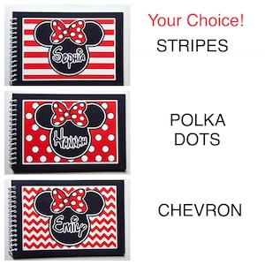 Disney Autograph Book - 4x6&quot; Stripe, Polka Dots or Chevron Minnie Mouse  with Bow - Your choice  - Free Personalization