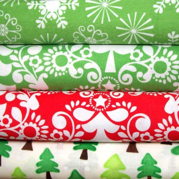 Modern Christmas fabric bundle- 1/2 yards set of 4 cotton quilt fabrics- trees and snowflakes