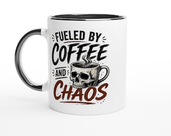 Kubek „Fueled by Coffee Chaos” | Kubek do kawy „Sarkastyczna czaszka” (11 uncji)