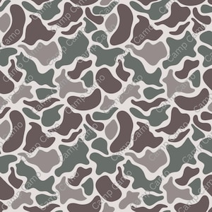 May include: A seamless pattern of camouflage in shades of brown, gray, and green. The pattern is made up of irregular shapes and is repeated throughout the design.