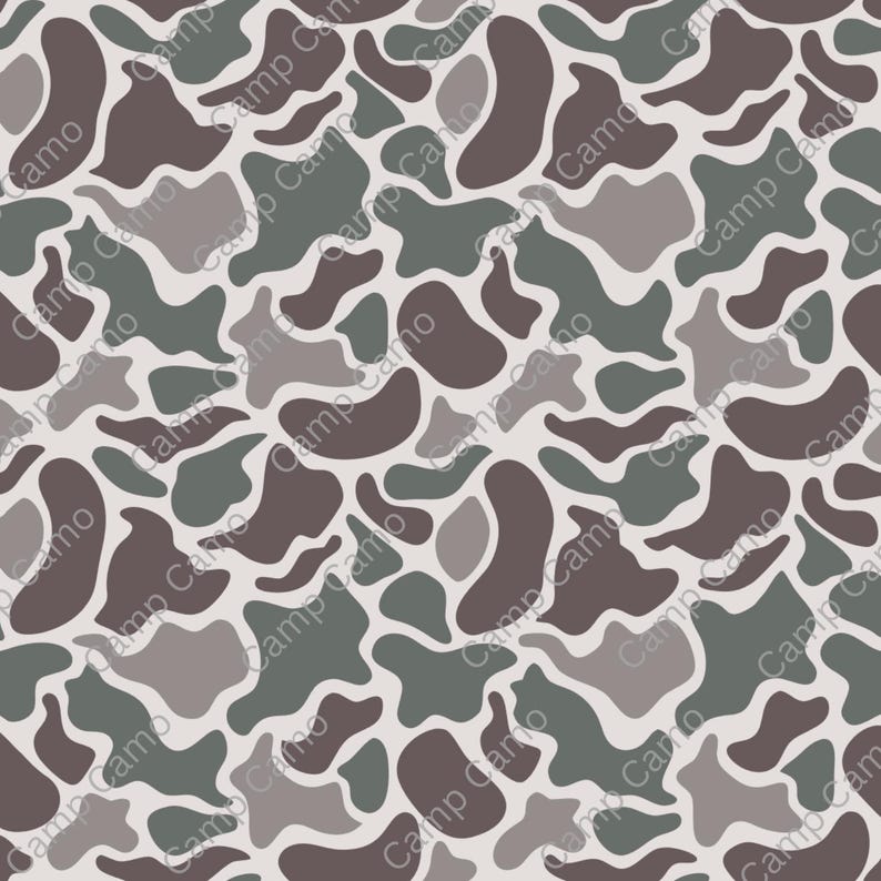May include: A seamless pattern of camouflage in shades of brown, gray, and green. The pattern is made up of irregular shapes and is repeated throughout the design.