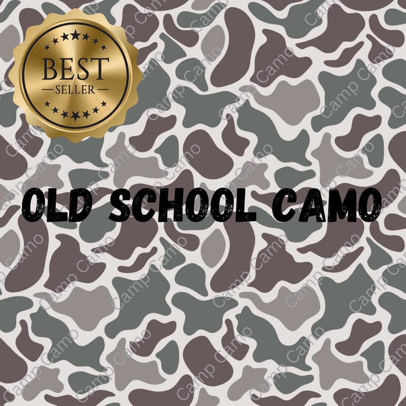 May include: A digital illustration of a camouflage pattern in shades of brown, green, and gray. The text "OLD SCHOOL CAMO" is printed in black on top of the pattern. A gold badge with the text "BEST SELLER" is in the upper left corner.