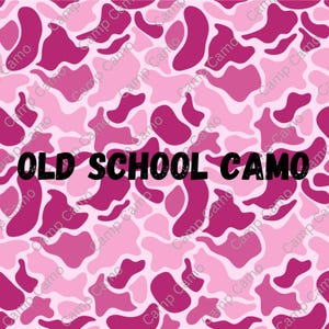 May include: Pink and white camouflage pattern with the text "OLD SCHOOL CAMO" in black.