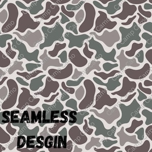 May include: Seamless pattern design with a camouflage print in shades of brown, gray, and green. The pattern is made up of irregular shapes and is repeated throughout the design.