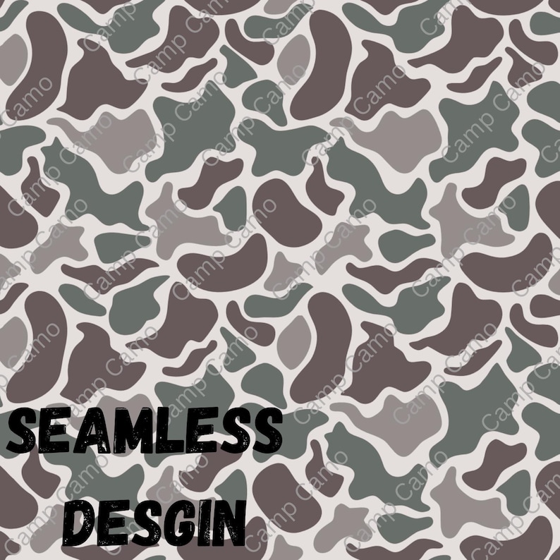 May include: Seamless pattern design with a camouflage print in shades of brown, gray, and green. The pattern is made up of irregular shapes and is repeated throughout the design.