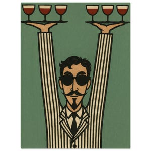 Puede incluir: Ilustración de un hombre con traje a rayas y gafas de sol sosteniendo bandejas con copas de vino. El hombre tiene bigote y corbata negra. El fondo es de color verde liso.