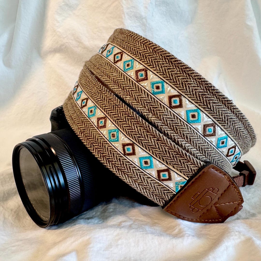 Hummingbird Camera Strap Handmade Camera Strap: Brown Herringbone With Blue Geometric Design ...