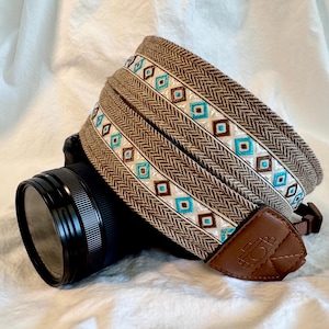 Handmade Camera Strap: Brown Herringbone with Blue Geometric Design, Universal Fit, Gift for Photographer