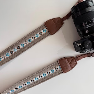 Brown and blue Camera Strap with leather ends for Fujifilm Nikon Canon Sony, DSLR Adjustable Strap, Gift for Photographer
