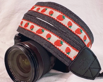 Strawberry Embroidered Camera Strap with Leather Ends for Fujifilm Nikon Canon Sony, Gift for Photographer