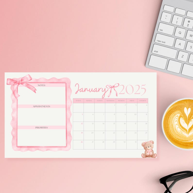 2025 Coquette Aesthetic Pink Calendar | Printable Digital Download ...