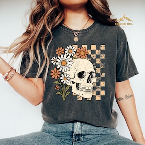 Comfort Colors® Floral Skull Shirt, Womens Halloween Gift, Halloween Skeleton T-shirt, Retro Skull Shirt, Halloween Shirt