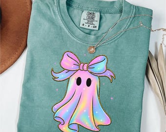 Comfort Colors® Cute Ghost Shirt, Retro Halloween Shirt, Womens Halloween Gift, Cool Fall Gift, Coquette Ghost Shirt, Halloween Boo Shirt