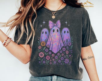 Comfort Colors® Cute Ghost Shirt, Floral Gift For Womens, Autumn Ghost Shirt, Fall Ghost Shirt, Womens Halloween Gift Retro Halloween Shirt