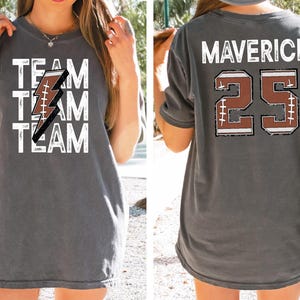 Comfort Colors® Team Football Shirt With Name & Jersey Number, Favorite School Team Mascot Shirt, Back To School Shirt, School Logo Shirt