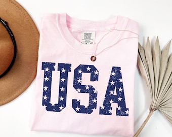 Comfort Colors® Retro USA Shirt, Womens 4th of July Shirt, USA Flag Shirt, 4th Of July Party Shirt, Fourth Of July Gift, Red White Blue