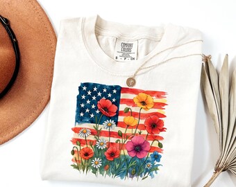 Comfort Colors® Wildflowers USA Flag Shirt, Floral USA Flag Shirt, 4th of July Shirt, Cute Patriotic Shirt, Independence Day Celebration