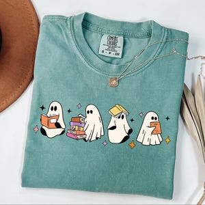 Comfort Colors® Ghosts Reading Books Shirt, Halloween Gift For Book Lovers, Bookworm Ghosts Shirt, Spooky Season Shirt, Fall Graphic Tee