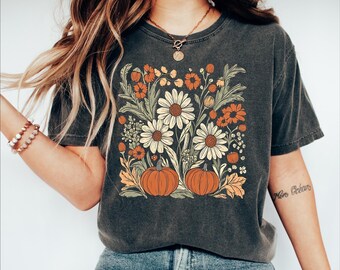 Comfort Colors® Floral Pumpkin Shirt, Cute Fall Vibes Shirt, Pumpkin Shirt, Fall Pumpkin Gift, Retro Thanksgiving Shirt, Womens Autumn Gift
