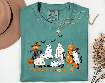 Comfort Colors® Cute Ghost Cats Halloween Shirt, Cat Lover Halloween Gift, Spooky Cat Shirt, Womens Halloween Cats Shirt, Fall Pumpkin Shirt