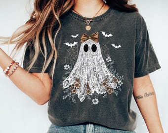 Comfort Colors® Ghost Lace Halloween Shirt, Womens Halloween Shirt, Halloween Boo Shirt, Spooky Season Shirt, Ghost Gift, Womens Fall Shirt