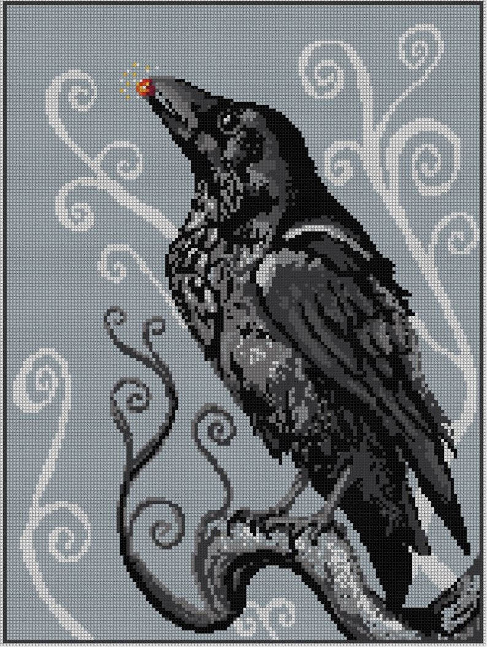 Ворон схема. Ворон Nevermore вышивка крестом. Вышитая ворона. Вышивка крестом ворона. Вышивка вороны.