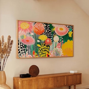 Yayoi Kusama Inspired Panoramic Canvas Print Unframed Abstract Botanical Wall Art Japandi Floral Art Print Extra Large Artwork