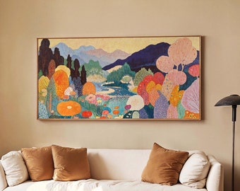 Abstract Botanical Landscape Unframed Canvas Panoramic Floral Wall Art XL Japandi Mid Century Modern Colorful Print for Living Room Decor