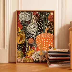 Pumpkin Wall Art Framed Canvas Yayoi Kusama Inspired Print Abstract Polka Dot Artwork Japandi Fall Decor Ready to Hang Kitchen Art