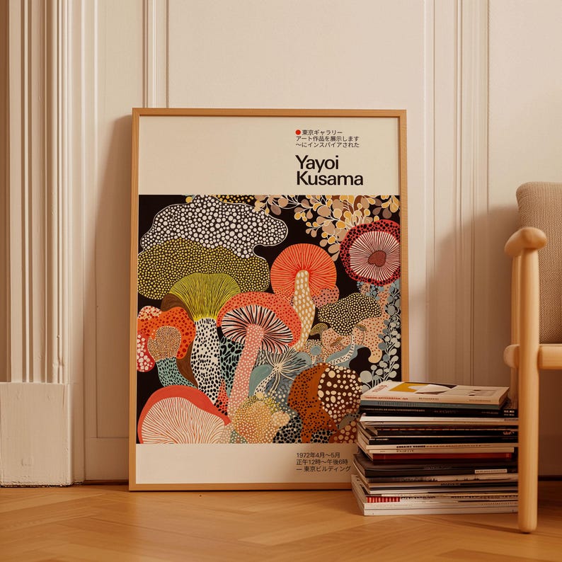 Yayoi Kusama-inspired poster propped against a wall