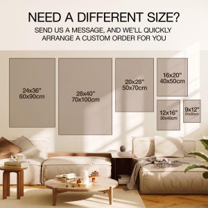Infographic listing available sizes for the Yayoi Kusama-inspired poster in both inches and centimeters. Includes dimensions: 9x12, 12x16, 16x20, 20x28, 24x36, and 28x40 inches.