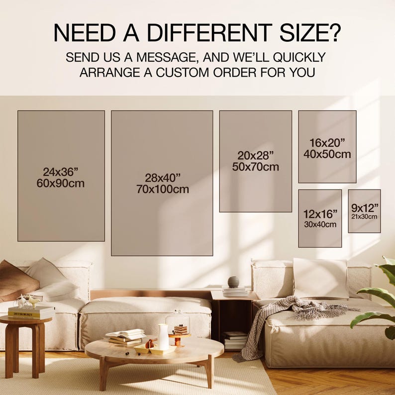 Infographic listing available sizes for the Yayoi Kusama-inspired poster in both inches and centimeters. Includes dimensions: 9x12, 12x16, 16x20, 20x28, 24x36, and 28x40 inches.