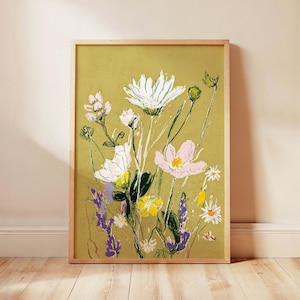 Impresión artística de flores silvestres en colores pastel sin marco, póster botánico vintage, dibujo floral verde salvia, decoración de pared de estilo rural Cottagecore