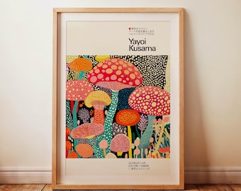 Impresión artística de hongos inspirada en Yayoi Kusama, póster botánico enmarcado