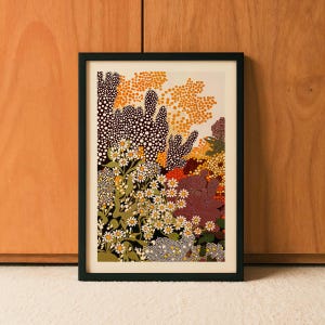 Stampa ispirata a Yayoi Kusama, stampa floreale a pois, opera d'arte astratta, decorazione da parete per ingresso, camera da letto, soggiorno, senza cornice.