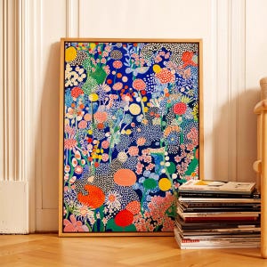 Yayoi Kusama Inspired Abstract Floral Canvas Print Botanical Wall Art Dotted Floral Art Print Japandi Decor Living Room Framed Art