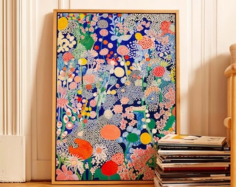 Yayoi Kusama inspiriert Abstrakte Blumen Leinwand Druck Botanische Wandkunst Gepunktete Blumen Kunstdruck Japandi Dekor Wohnzimmer Gerahmte Kunst