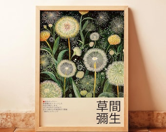 Dandelion Wall Art Green Floral Poster Japanese Botanical Artwork Unframed Nature Print for Living Room Bedroom Mid Century Decor