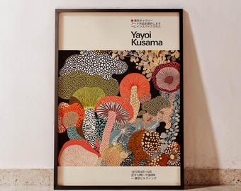Impresión de hongos inspirada en Yayoi Kusama, arte mural botánico moderno