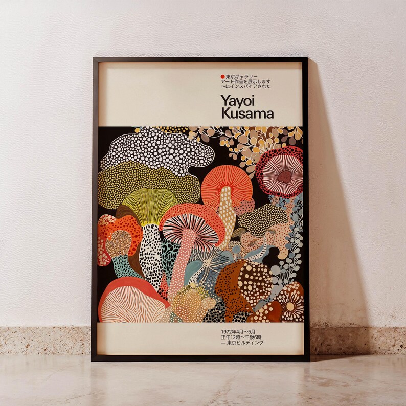 Yayoi Kusama-inspired poster is displayed upright in a black frame and placed on a neutral background for a modern and elegant presentation.