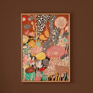 Botanical Wall Art Framed Canvas Print Floral Abstract Artwork Yayoi Kusama Style Polka Dot Decor Ready to Hang Living Room Wall Art