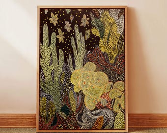 Impresión en lienzo enmarcada de cactus, arte abstracto botánico con puntos