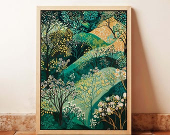 Framed Floral Canvas Print, Green Nature Landscape Art