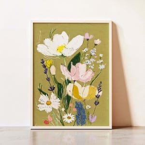 Impresión de flores silvestres verde salvia sin marco, ilustración botánica floral vintage, decoración de guardería estilo cottagecore en colores pastel, póster de flores delicadas