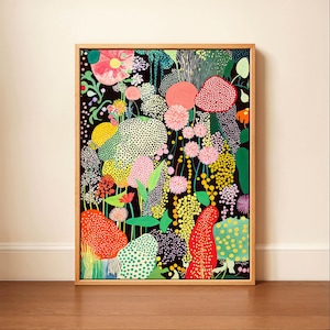 Yayoi Kusama Inspired Botanical Wall Art Framed Canvas Print Abstract Floral Painting Colorful Modern Artwork Japandi Decor Gift